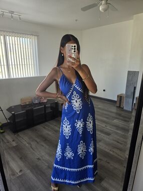 Blue Embroidered V-Neck Maxi Dress